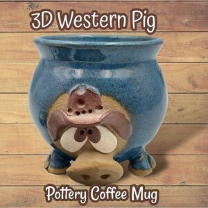 3D pig with western cowboy hat - handmade pottery coffee mug